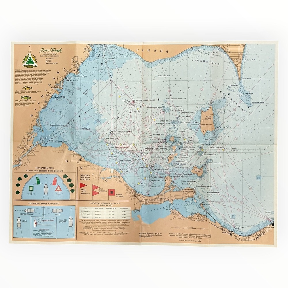 Vintage Lake Erie Fishing Map Eries Triangle LORAN-C Walleye Perch Laminated